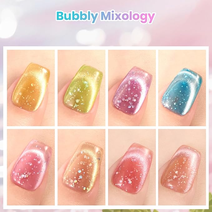 Beetles Bubbly Mixology Cat Eye Gel Nail Polish Set - 8 Colors Pastel Spring Shimmer Glitter Gel Polish Kit Pink Blue Orange Green Yellow Purple Velvet Gel Soak Off UV DIY Manicure Gift for Women