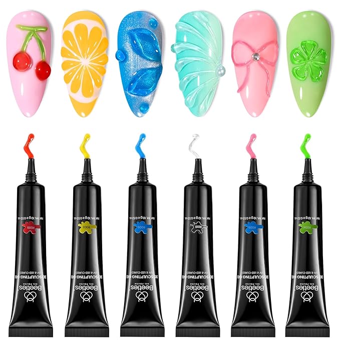 Beetles Sculpting Gel 3D Gel for Nail Art - 6 Colors No Wipe Nail Polish Rhinestone Nail Art Glue for Drawing Molding Sculpture Jewelry Decoration Manicure DIY Design