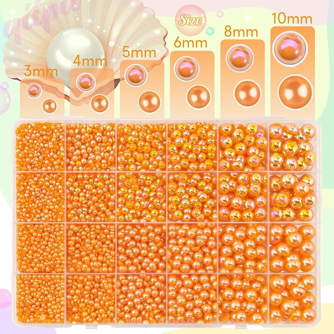 2 Styles Orange Red Flatback Pearls for Bedazzling Crafting 3mm-10mm Half Round Pearls Beads Gems Bedazzler Kit Charms for Nails Face Eyes Makeup Tumblers Bottles DIY Crafts Shoes Beauty Decor