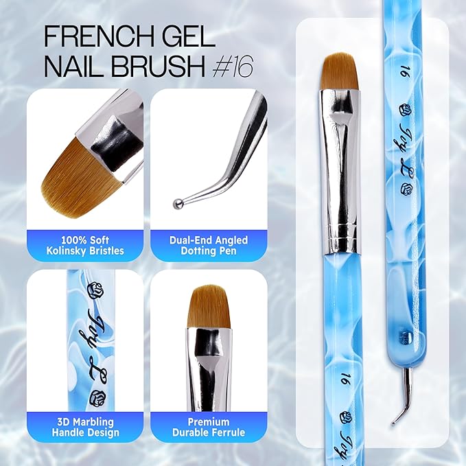 Ivy L Premium 2 Way French Gel Acrylic Nail Art Kolinsky Brush with Dotting Tool for Professional Manicure Cuticle Clean up Nail Art Design (Size # 16, Blue Marble)
