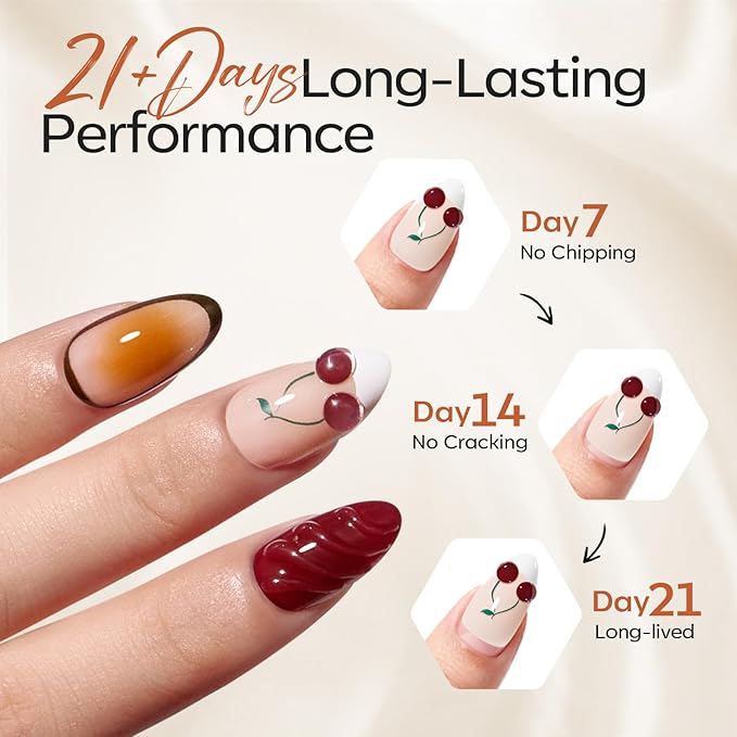 Modelones French Tip Press on Nails Almond, Short Almond Fake Nails, Semi-Transparent Soft Nail Kit with Nail Glue Adhesive Tabs Nail File, Salon Quality Nails Press Ons 30Pcs 15 Sizes, Red Cherry