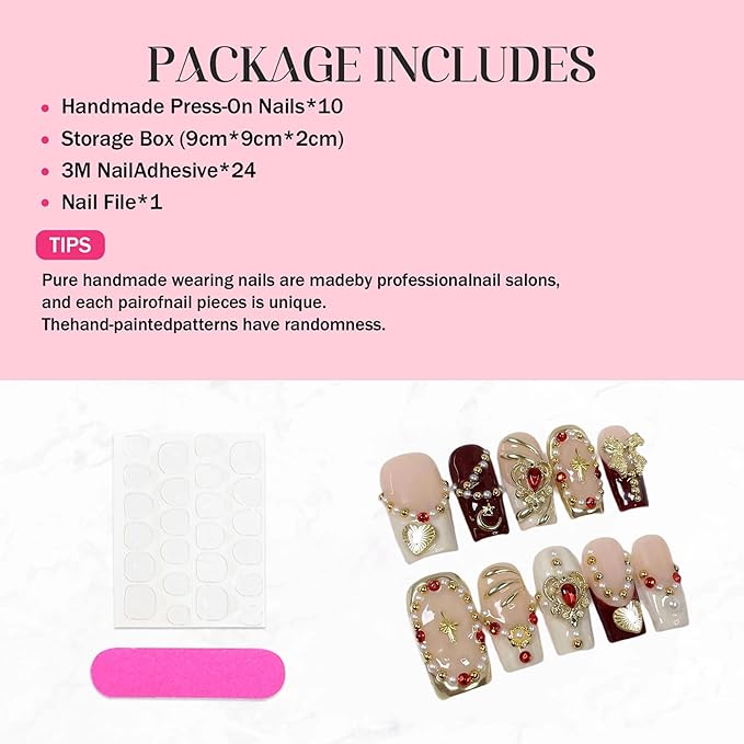 10Pcs (Size M) Medium Square Handmade Press On Nails - Luxury Egyptian Palace Relief French Tip Acrylic Fake Nails with Gold Charms for Women Manicure