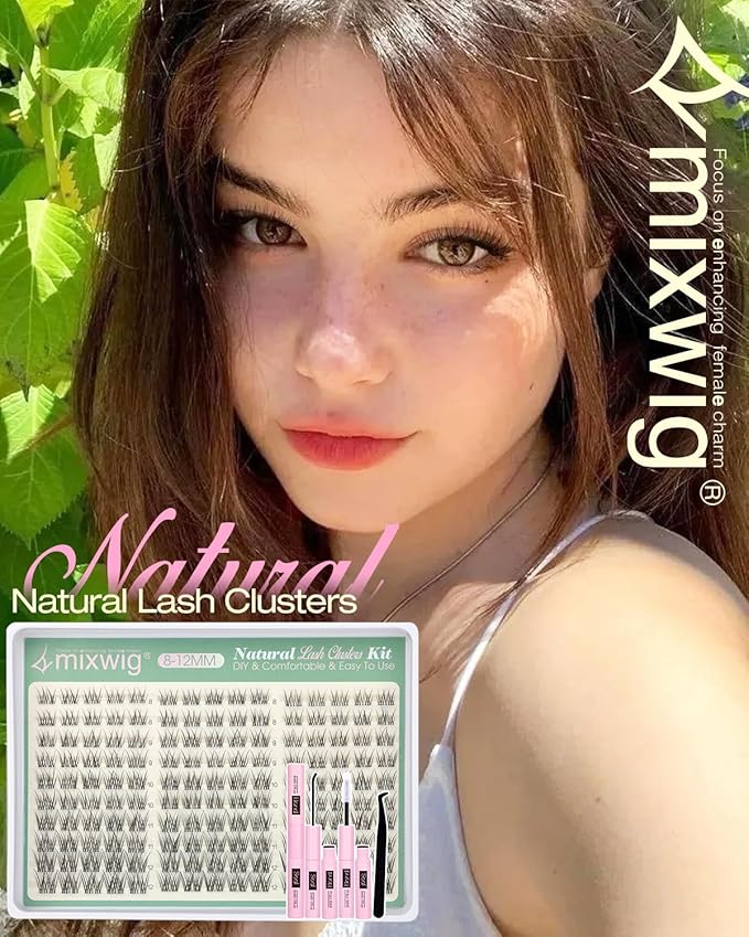 Short Lash Clusters Kit 8-12MM Natural Lash Extension kit Invisible Band Eyelash Clusters Wispy Cluster Eyelash Extensions C Curly DIY Cluster Lashes Bond and Seal Tweezers by Lvmixwig