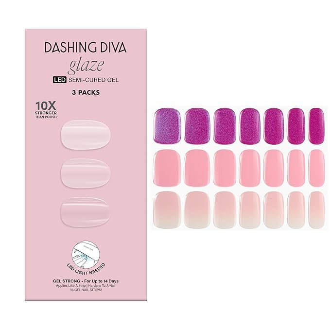 Dashing Diva Glaze Nail Strip 3-in-1 Kit - Best of Pinks - Long Lasting, Chip Resistant, Semi-Cured Gel Nail Strips - Contains 96 strips, 3 prep pads, 3 manicure sticks, 1 nail file