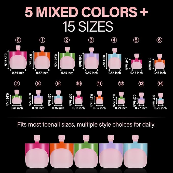 AILLSA Toe Nail Tips, French Press On Toenails 5 Mixed Colors, 15 Sizes Short Square Pre-Designed Full Cover Fake Toenails, Baby Pink Acrylic Wearable DIY Nail Art for Women