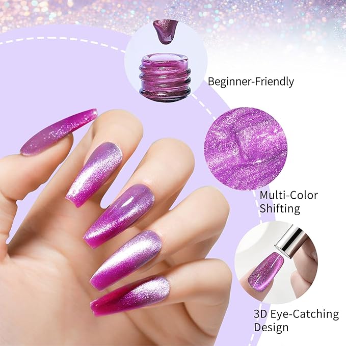 10ml Gel Cat Eye Nail Polish Kit - 9Pcs Cat Eye Magnetic Nail Polish With Magnetic Iron Rod Double Ended Nail Tool, Long-Lasting and Non-Fading Creating Fashionable Manicures