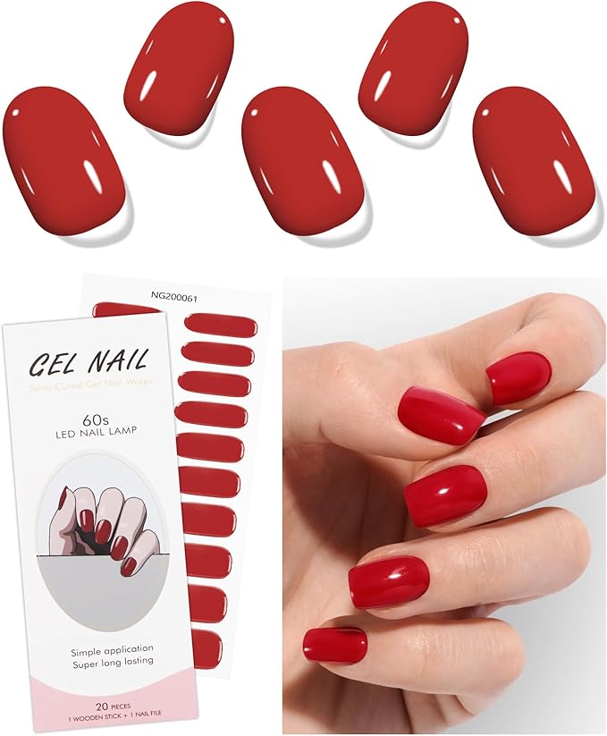 JMEOWIO Gel Nail Stickers Red Semi Cured Gel Nail Strips Wraps UV/LED Nail Supplies Nail Art Design Decoration Accessories