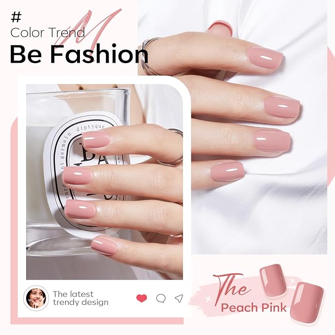 Modelones 32Pcs Peach Pink Press on Nails, Spring Short Square Fake Nails, Reusable Nail Kit with Nail Glue Adhesive Tabs Mini Nail File, Nails Press Ons 16 Sizes, Women Girl Gift