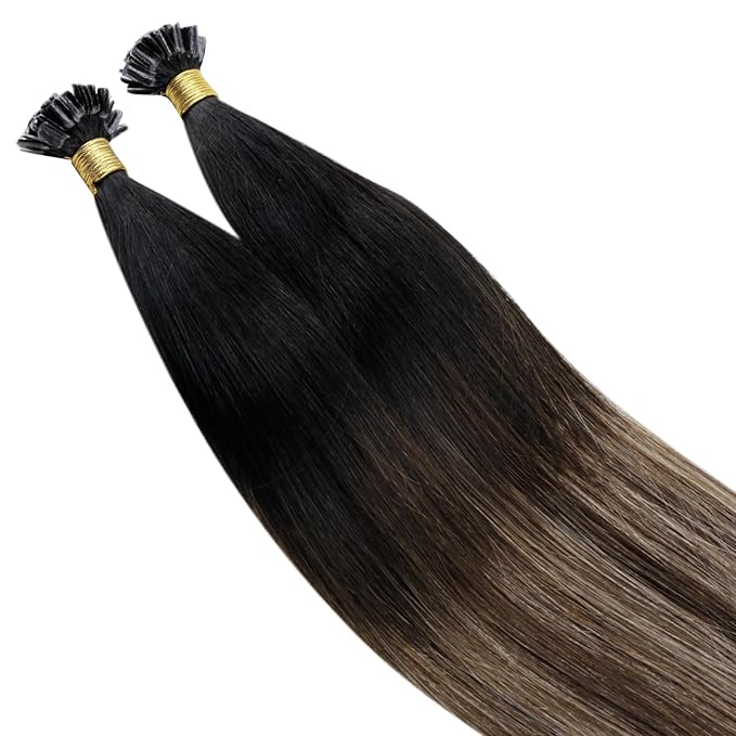 RUNATURE 24 Inch U Tip Human Hair Extensions Pre Bonded Straight Nail Tips Hair Extensions Silky Human Hair U Tip Extensions Remy Hair #1B/6/27 Ombre Black to Brown Mix Caramel Blonde 50g 50s