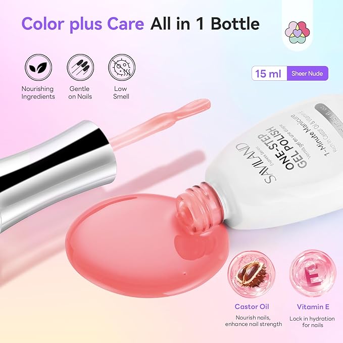 SAVILAND One-Step Gel Nail Polish Kit: Sheer Jelly Nude 5-In-1 Gel Polish Base Top Coat Builder Reinforcement In One Bottle with U V Light Quick Easy Manicure Home DIY Gift Travel Kit 15 ML