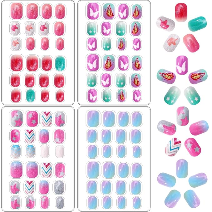 96Pcs 4 Packs Cute Short Press on Nails for Girls 4 Styles 12 Sizes Press on Nails for Kids Press ons with Butterfly Unicorn Star Aurora Designs Full Cover Acrylic Nails for Little Girl Gift Manicure