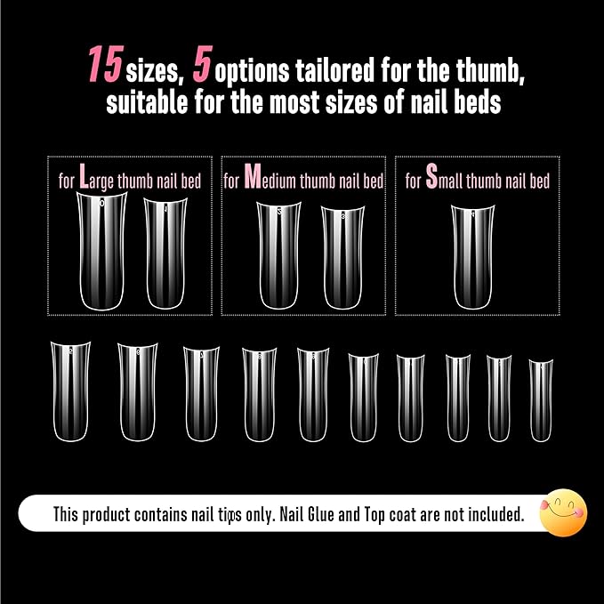 NOVO OVO Long Duck Nail Tips Full Cover Gel X Sculpted (not Natural) Soft Gel Duck Nails Tips with Moon Curve for Deep C-Curve Beds, Extra Thick Flare Tips, Transparent Clear, 15 Sizes 240 Pcs