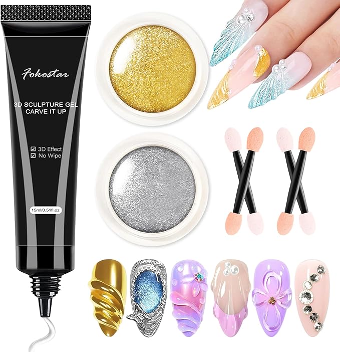 3D Gel Nail Art Silver Gold Chrome Nail Powder Kit Clear 3D Nail Sculpting Gel Gold Chrome Powder for Nails Art Design Silver Glitter Pigment Powders Metallic Mirror Effect with Tools