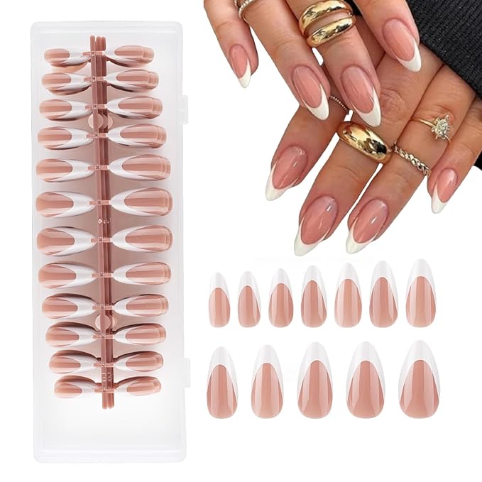 Lamemoria Pre-Design Medium Long Gel Almond French Tip Press On Nails, Brown Base White French Nail Tips, Salon False Fake Nail Kit with Glue/Tabs, 240 PCS