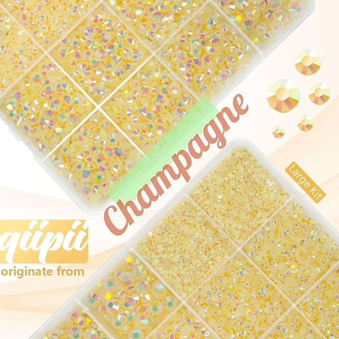 Light Champagne AB Resin Rhinestones w B7000 Jewelry Glue for Bedazzling Crafting 2mm-6mm Flatback Jelly Stones Diamonds Crystals Gems Charms for Nails Face Eyes Makeup Tumblers Bottles Crafts