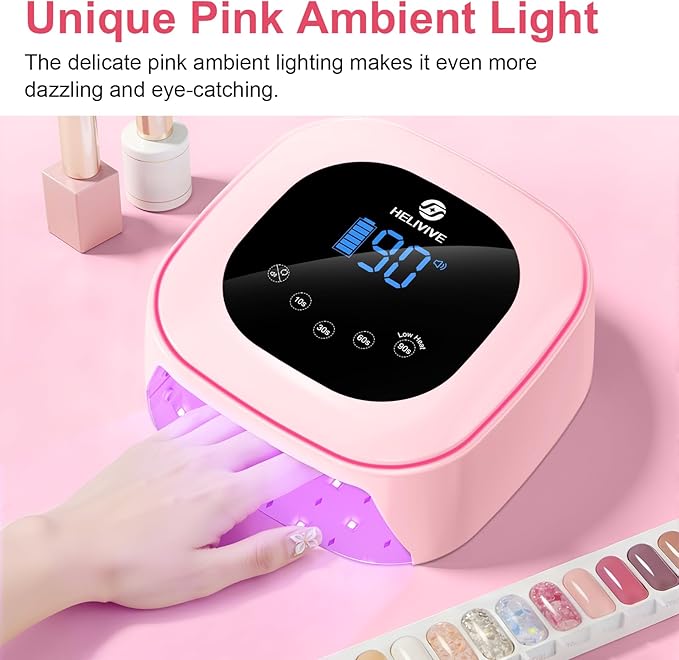 Cordless UV LED Nail Lamp, 80W Rechargeable Nail Dryer with 4 Timers, Atmosphere Light & Mirror Base, UV Light for All Gel Nails, Ideal for Training,Nail Art Practice,Home & Salon Use (Pink)