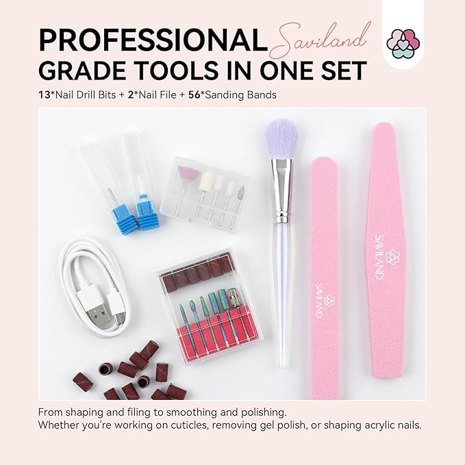 SAVILAND Electric Nail Drill Professional: 40000RPM Pink Rechargeable Electric Nail Filer with 6000mAh Battery, for Shaping, Removing & Polishing Acrylic Nails Home Salon Manicure Pedicure Ideal Gift