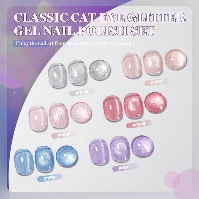 RARJSM Diamond Cat Eye Gel Nail Polish Set 6pcs Silver Pink Red Purple Blue Light Gold Glitter Sparkle Cateye Gelpolish with Magnet Stick Soak off Curing Requires Home Salon