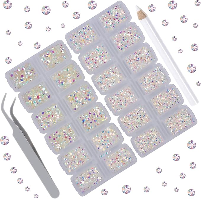 10000 Pieces Rhinestones 6 Sizes Round Crystal Glass Flat Back Rhinestones with 1Tweezers and 1Picking Pen for Nail Art Crafts Clothes Bags DIY (Paradise Shine)