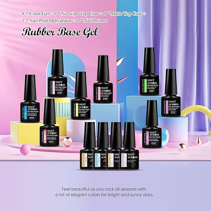 MEET ACROSS Builder Gel Nail Polish 12 Pcs Macaron Rubber Base Gel Polish 3 in 1 Pastel Pink Purple Green Strengthener Swirl Thread Effect Blue Red Soak Off U V Nail Art DIY