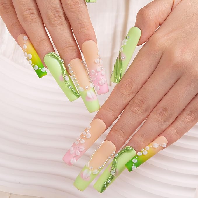 LOVFUL Press on Nails Green Fairy| Handmade with Full Covered Crystals| Reusable Fake Nails| Square Mid length 1.7in| H246-S