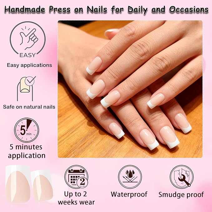280pc French Tips Press on Nails Medium Square Fake Nail with Glue Tabs, French Tips Glue on Nails Press on Nail Square Acrylic Nails Medium Artificial Fingernails Women Girls Pale Nude False Nails