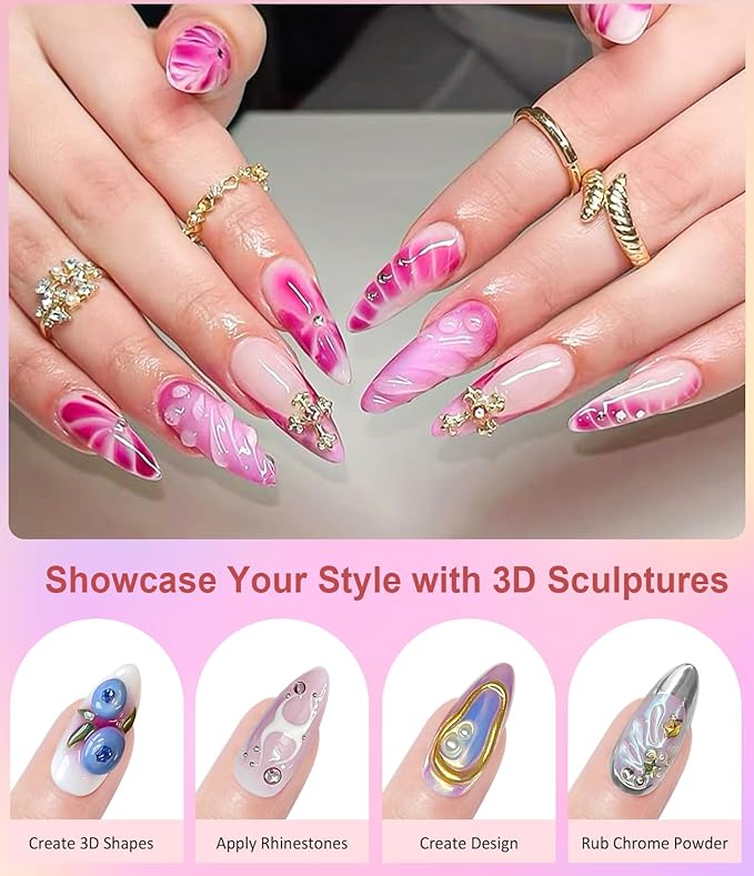 Chrome Nail Powder and 3D Nail Gel Kit BISHENGYF: 15g No Wipe 3D Sculpting Gel Aurora Pink White Pearl Gold Chrome Nail Powder with Clear 3D Carving Nail Molding Glue Set for Nail Art Decoration