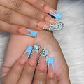 Long Press on Nails Square Fake Nails French Tip False Nails Blue Artificial Nails with Designs Stick on Nails for Women 24pcs