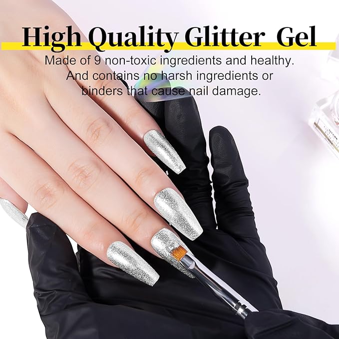 NXJ INFILILA Silver Glitter Gel Nail Polish, Reflective Shimmer Silver Gel Liner for Nail Art, Holographic Sparkle Long-lasting Color Soak Off UV Lamp Cured Gels for Art Manicure Salon DIY at Home B01