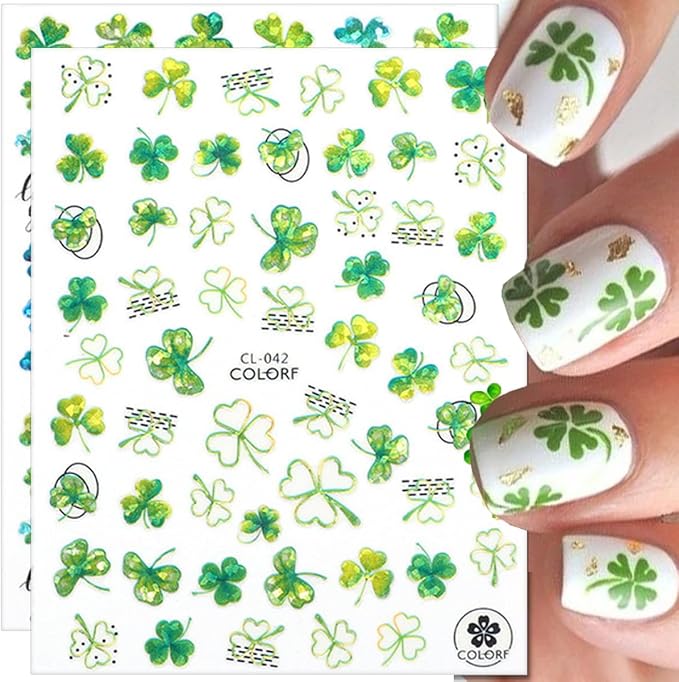 8 Sheets Laser St. Patrick's Day Nail Art Stickers 3D Holographic Glitter Shamrock Nail Stickers Self-Adhesive Luck Clover of Irish Nail Decorations Spring Summer Nails Supplies for Women Holiday DIY