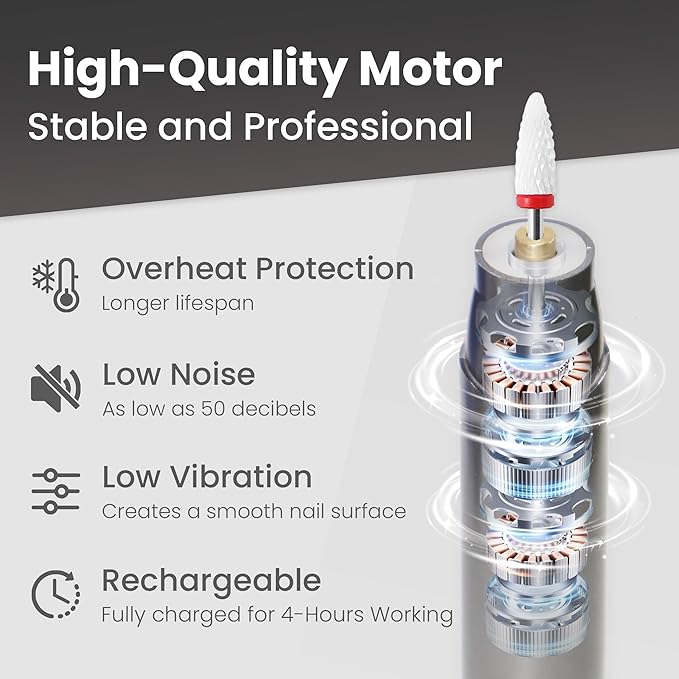 Cordless Electric Nail Drill Kit, Portable Rechargeable Nail Drill Set, Battery Electric Nail File, 5 Speeds Modes, LED Lighting, Reversible Direction, DIY, Professional (Grey)