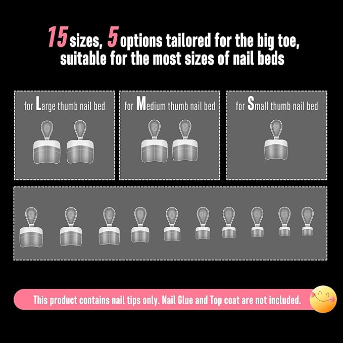 NOVO OVO Round Half Cover Toe Nail Tips White French, Soft Gel False Toenails for Pedicure Extension, Clear Artificial Fake Nails with Auxiliary Line, Pre-designed Acrylic DIY Kit 15 Sizes 240Pcs