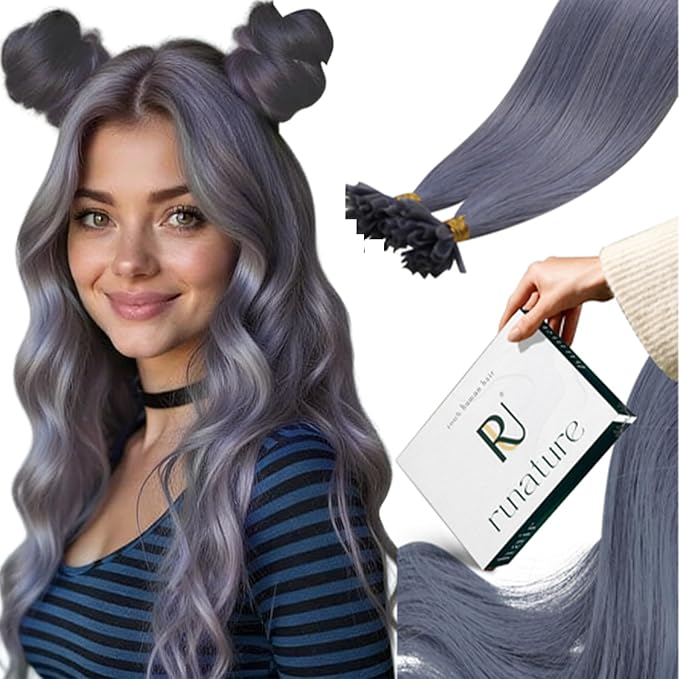 RUNATURE U Tip Hair Extensions Human Hair Light Blue U Tip Hair Extensions 14 Inch Keratin Hair Extension Real Human Hair Colorful Hair Extension Grey Blue Remy Soft Hair for Girls 20g 25s