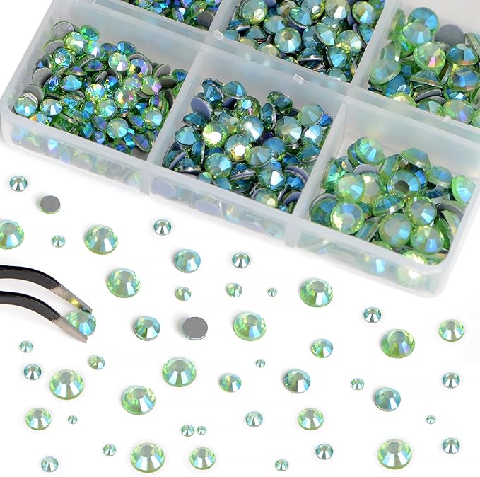 Bymitel Hotfix Crystal Rhinestones Round Gems for Crafts,Mixed 6 Sizes with Wax Pencil Kit, Peridot AB 1.6-6.3mm SS4-SS30/8000pcs