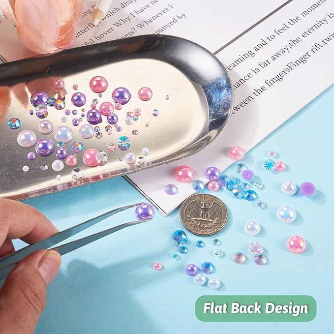 3400Pcs Flatback Resin Pearls Rhinestones, Mermaid Nail Gems AB Color Faux Pearl Beads Rhinestone Cabochons with Pickers Pen Tweezers for Nail Art Makeup