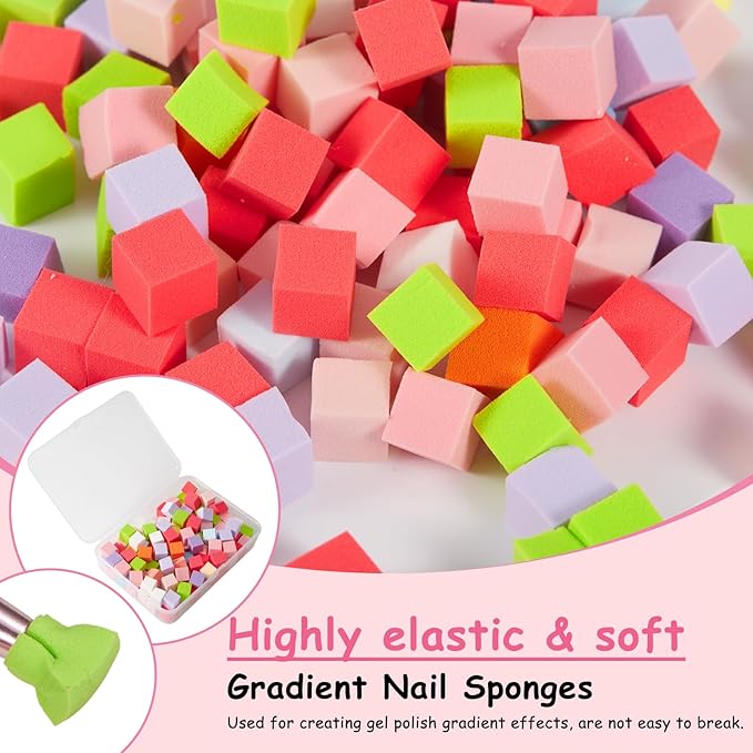 100pcs Colorful Cube Nail Sponges for Ombre, 2pcs Pink and Silver Metal Clip Pens for Grabbing Nail Art Sponge Ombre Nail Brush for Nail Art
