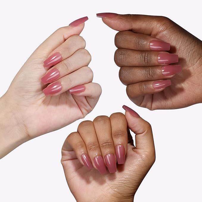 16 Sizes Coffin Press on Nails Reusable 32pcs Glossy Gel Fake Nails with Glue and Jelly Stickers (Dusty Rose)