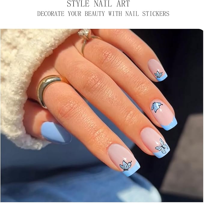 JMEOWIO Gel Nail Stickers Blue Butterfly French Tip Semi Cured Gel Nail Strips Wraps UV/LED Supplies Nails Art Design Decoration Accessories