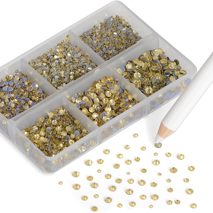 NCB Hotfix Iron on 8000pcs Crystal Rhinestones Round Gem for Crafts Decoration DIY Jewelry Making with a Picking Pen (Light Yellow, 6Sizes SS3-SS12)