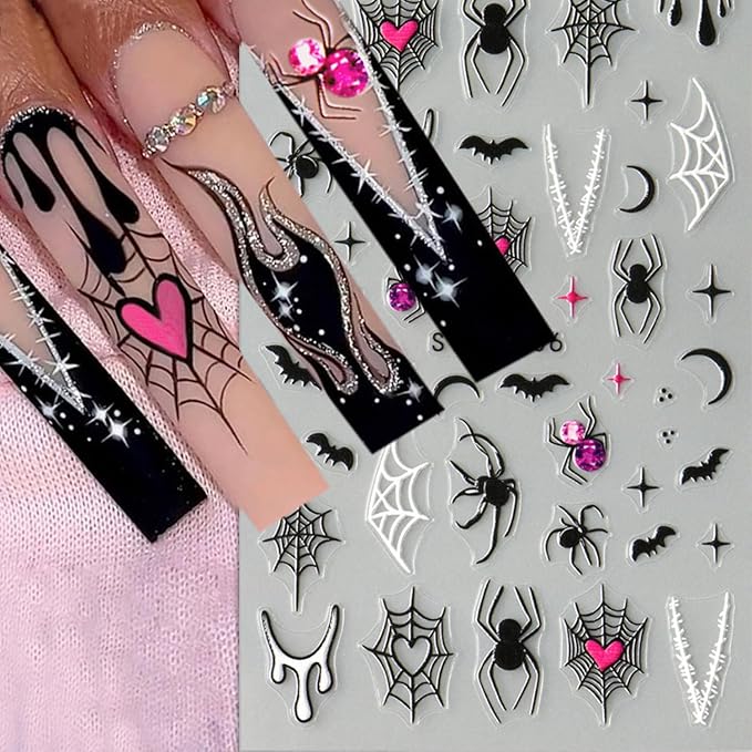 Embossed Halloween White Ghost Nail Stickers Decals Black Spider Web Bat Nail Art Sticker Decal Blood Drop Nails Sticker Self-Adhesive Spider Nails Decal for Women Halloween Decor