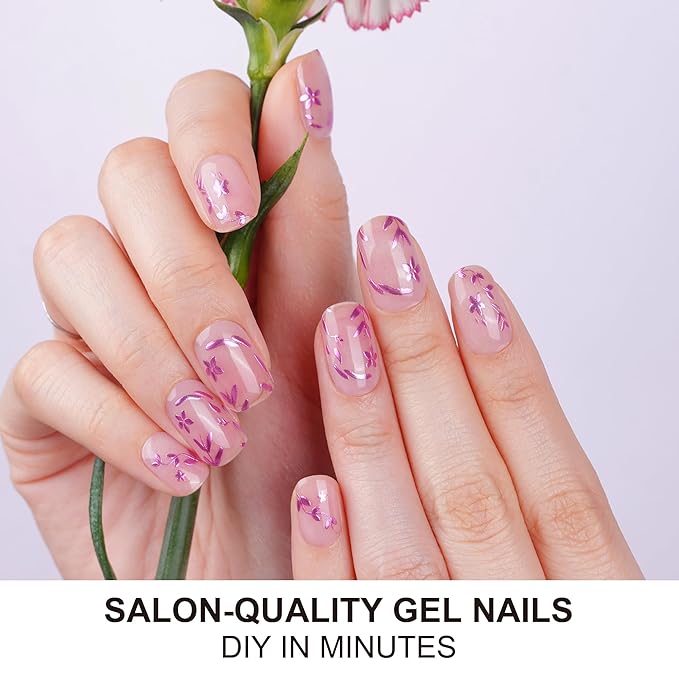 DANNI & TONI Semi Cured Gel Nail Strips Floral (Lavender Chrome) Rose Pink Mirror Flower Gel Nail Wraps Transparent Base Gift for Woman