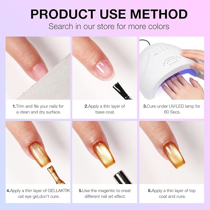 Cat Eye Gel Nail Polish Set, 6 Colors 12ML - 9D Glassy Holographic Glitter, Magnetic Nail Art Kit with Magnet, Soak Off UV LED Gel for DIY Home Salon Manicure Gift for Women
