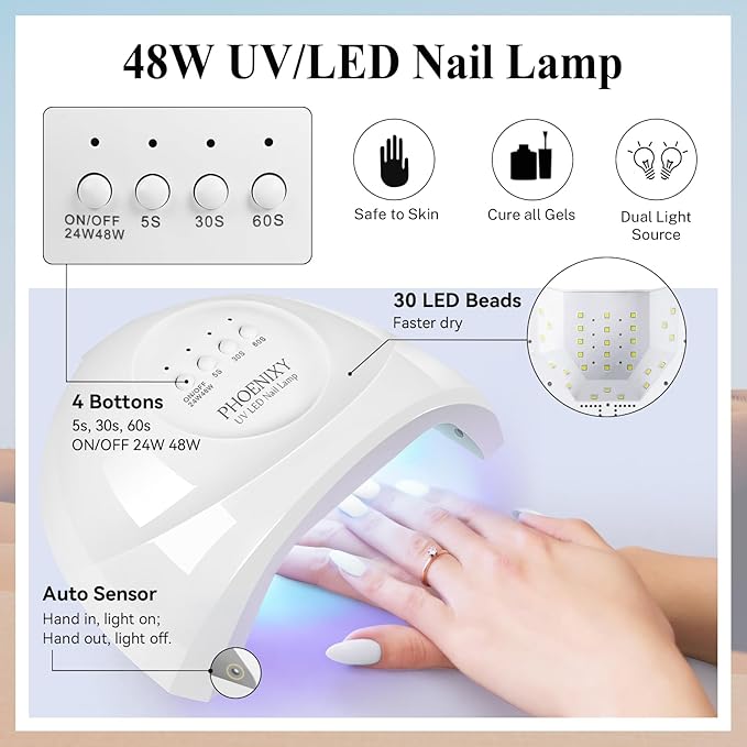 phoenixy Gel Nail Polish Kit with U V Light 48W, 56 Pcs 108 Effect Gel Nail Polish Kit Base Glitter Matte Top Coat Manicure Tools Gifts for Women