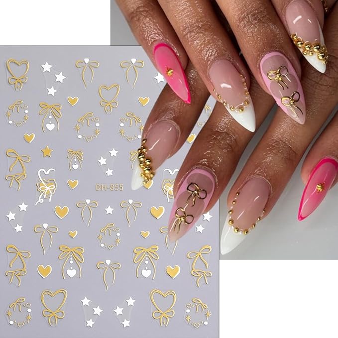 8Sheets Valentines Nail Art Stickers Gold Silver Purple Red Bow Nail Decals 3D Self-Adhesive Colorful Bow Nail Stickers Star Love Heart Sticker Design Cute Nail Supplies Accessories for Women Manicure