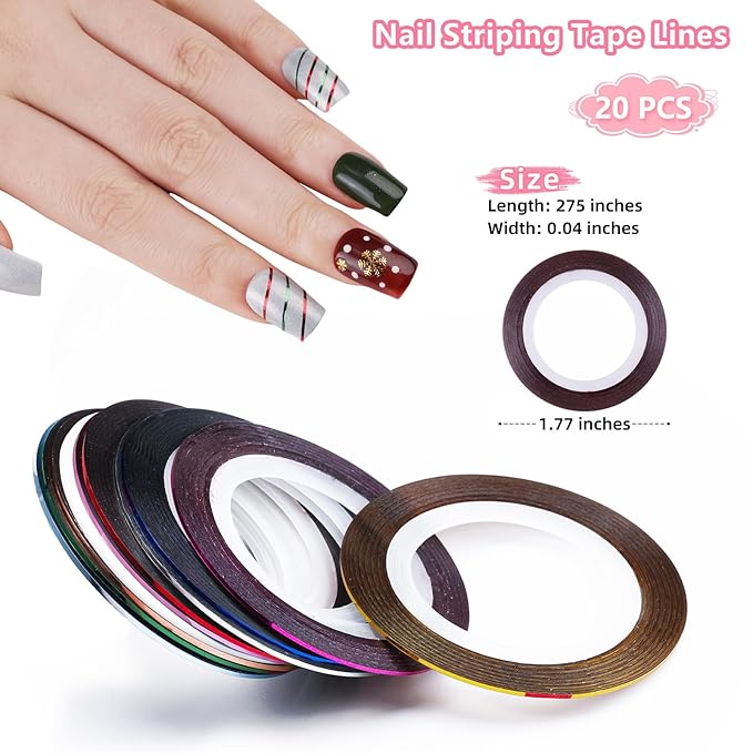 20 Nail Art Brushes Kit with Striping Tapes, Rhinestones, Pearls, Butterfly Sequins, Flower Charms & Gold Stickers for Nails DIY Manicure Gifts (Rosy)