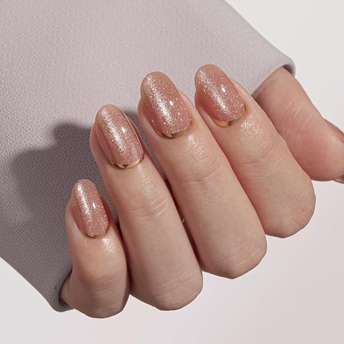 VSALON Press On Nails Short Oval, Gold Foil Nude French Tip Cat Eye Shimmer Nails, Salon Quality Semi-transparent Fake Nails Kit - 32 PCS Stick on Nails in 16 Sizes with UV Glue & Cuticle Oil