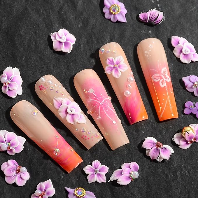 30PCS 3D Handmade Flower Nail Art Charms Advanced Handcrafted Cherry Blossom Flower Colorful Sculpted Floral Nails with Rhinestone Caviar Beads Design for Women Profession Nail Art Craft Jewelry