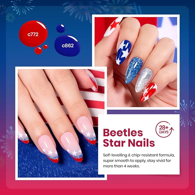 Beetles 4th of July Gel Nail Polish Set - 6 Colors Red White Navy Blue Gel Polish Sliver Glitter Gel Polish Soak Off Uv Nail Lamp for the 4th of July Nails Manicure DIY Nail Art Design Gift for Women