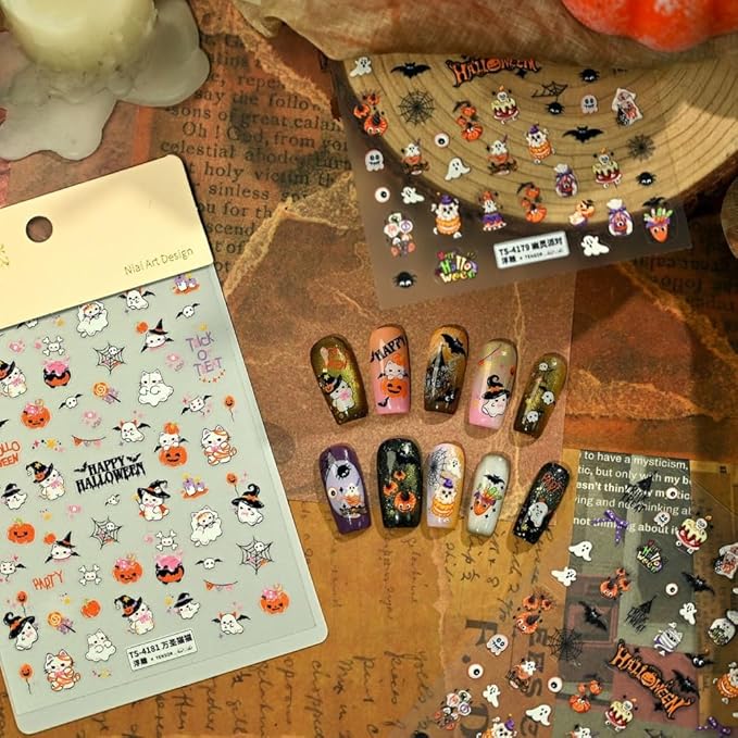 Halloween Nail Stickers Witch Cat Nail Art Stickers 5D Embossed Pumpkin Nail Decals Spider Web Nail Art Supplies 3D Self Adhesive Holiday Nail Design for Women Girls 1 Sheets