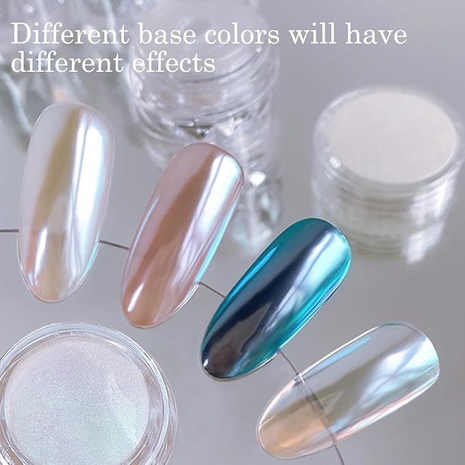 2Pcs White Chrome Nail Powder Clear Blue Glass Effect Super Glossy Glazed Donut Chrome Powder for Nails Art, Pearl Nail Glitter Pigment Dust for Gel Nails Polish Design with Tools